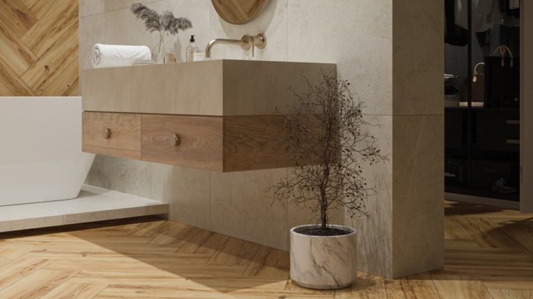 Dlažba imitace dřeva Grapia Sabbia koupelna